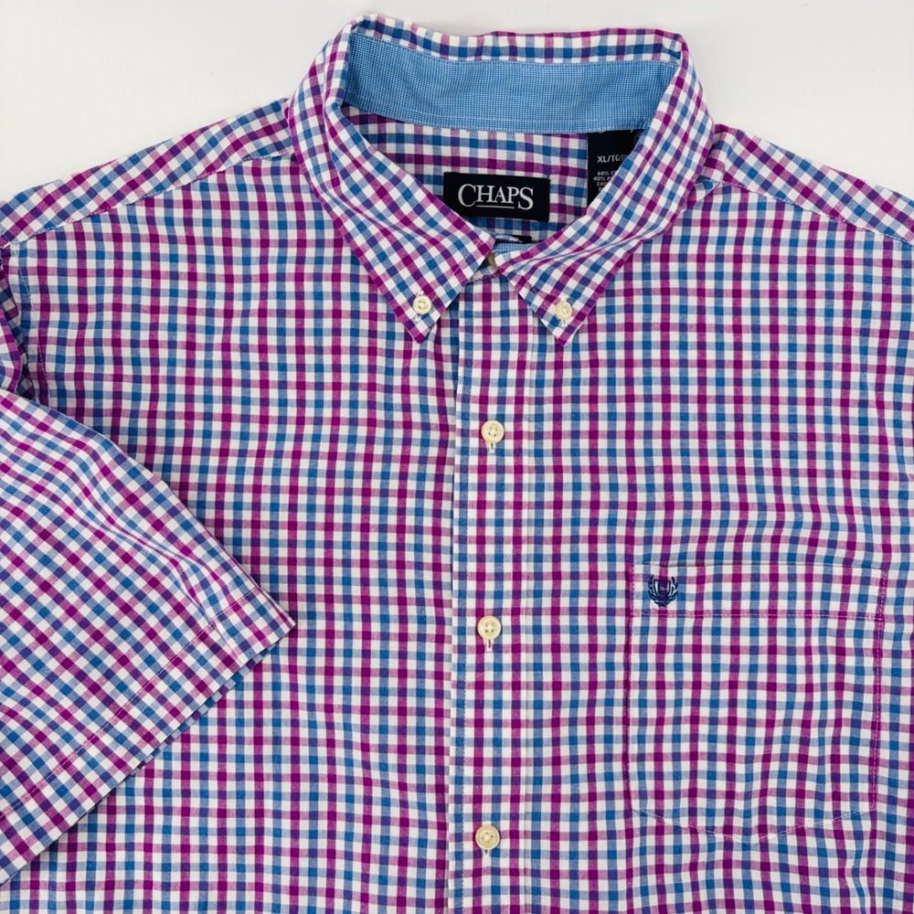 Chaps Mens XL Purple Blue Gingham Plaid Short Sleeve Button Down Easy Care Shirt